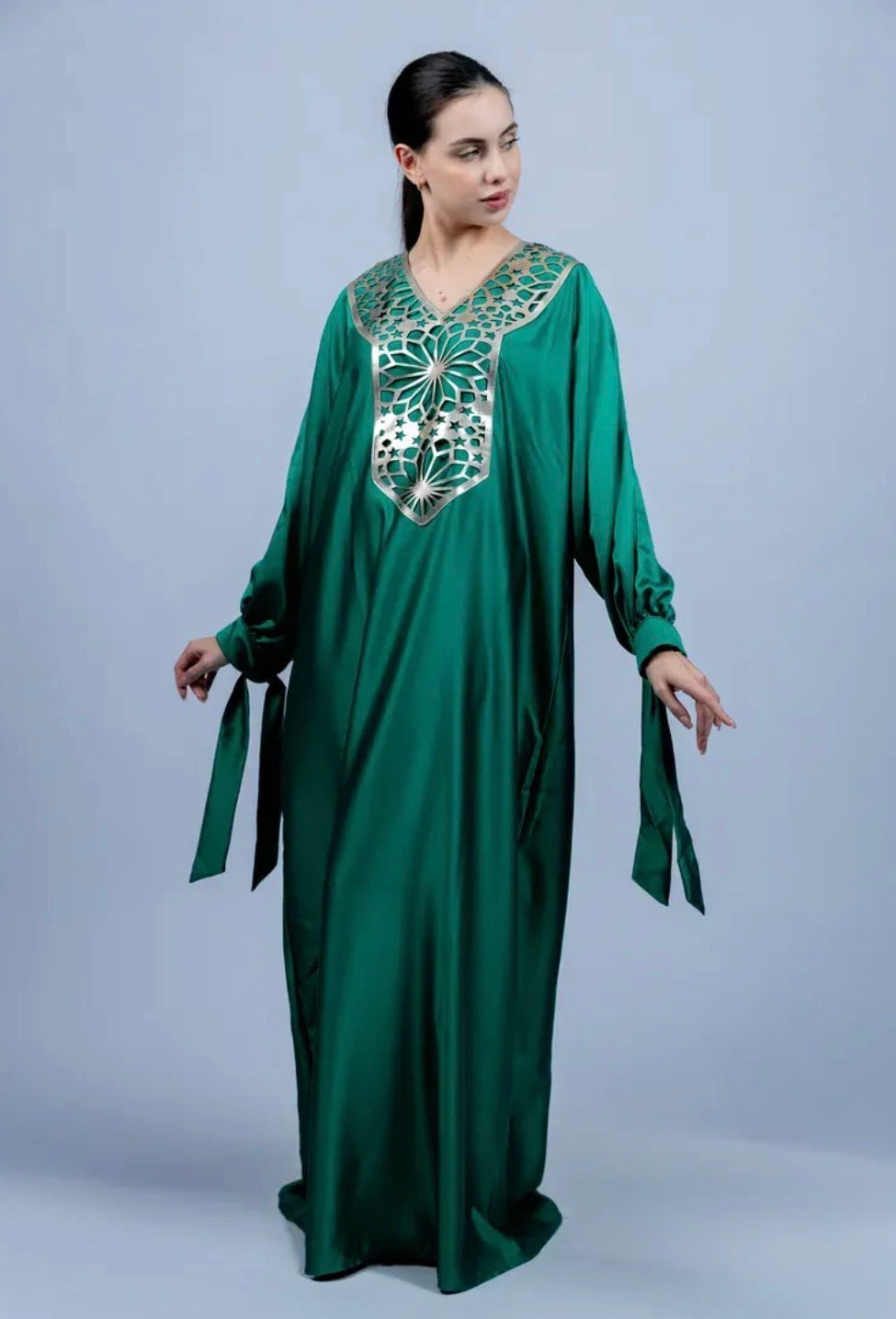 GREEN SATIN KAFTAN WITH METALLIC DETAIL