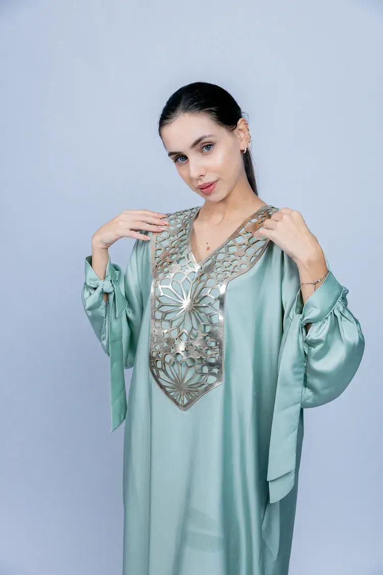 GREEN SATIN KAFTAN WITH METALLIC DETAIL